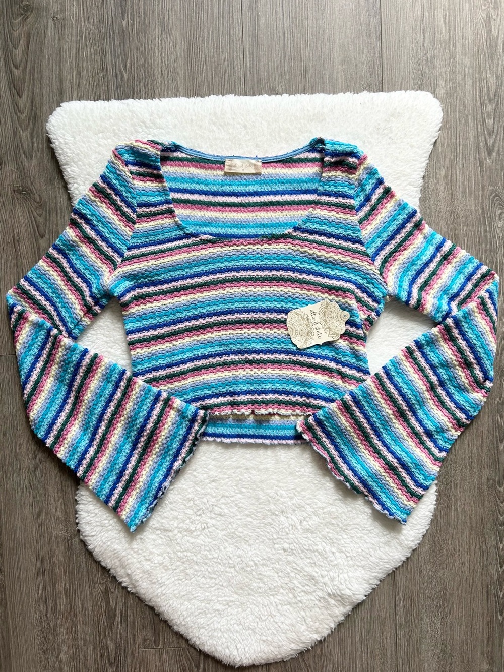 Altard State Rainbow Striped Cropped Knit Bell Sleeve Top NWT